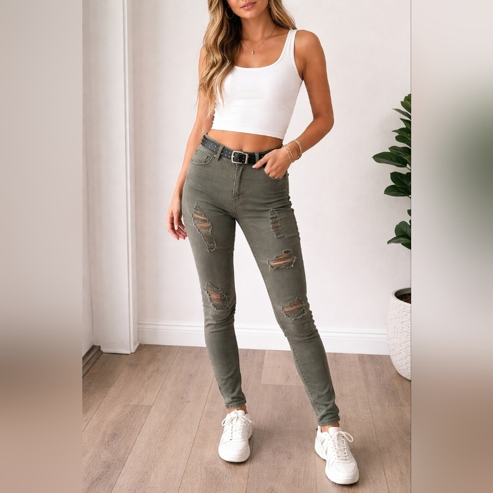 Y2K Fashion Nova Distressed Olive Jeans #B64